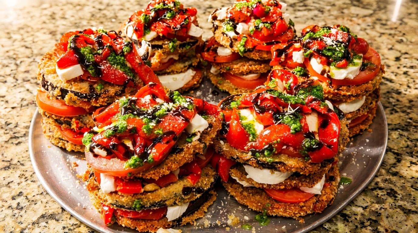 Six stacks of fried eggplant, tomatoes, mozzarella, pesto, and balsamic glaze on a metal tray.