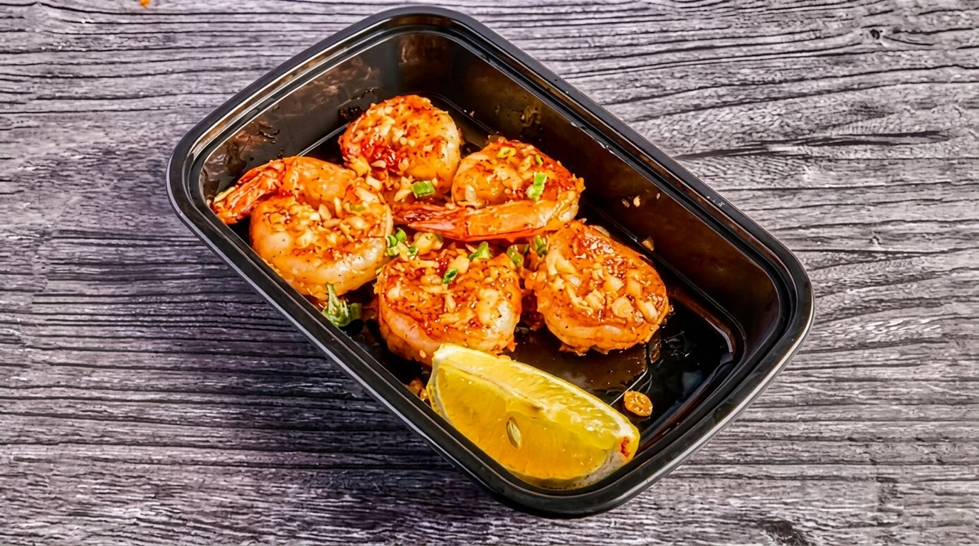 Five garlic shrimp with green onions and a lime wedge in a black takeout container.