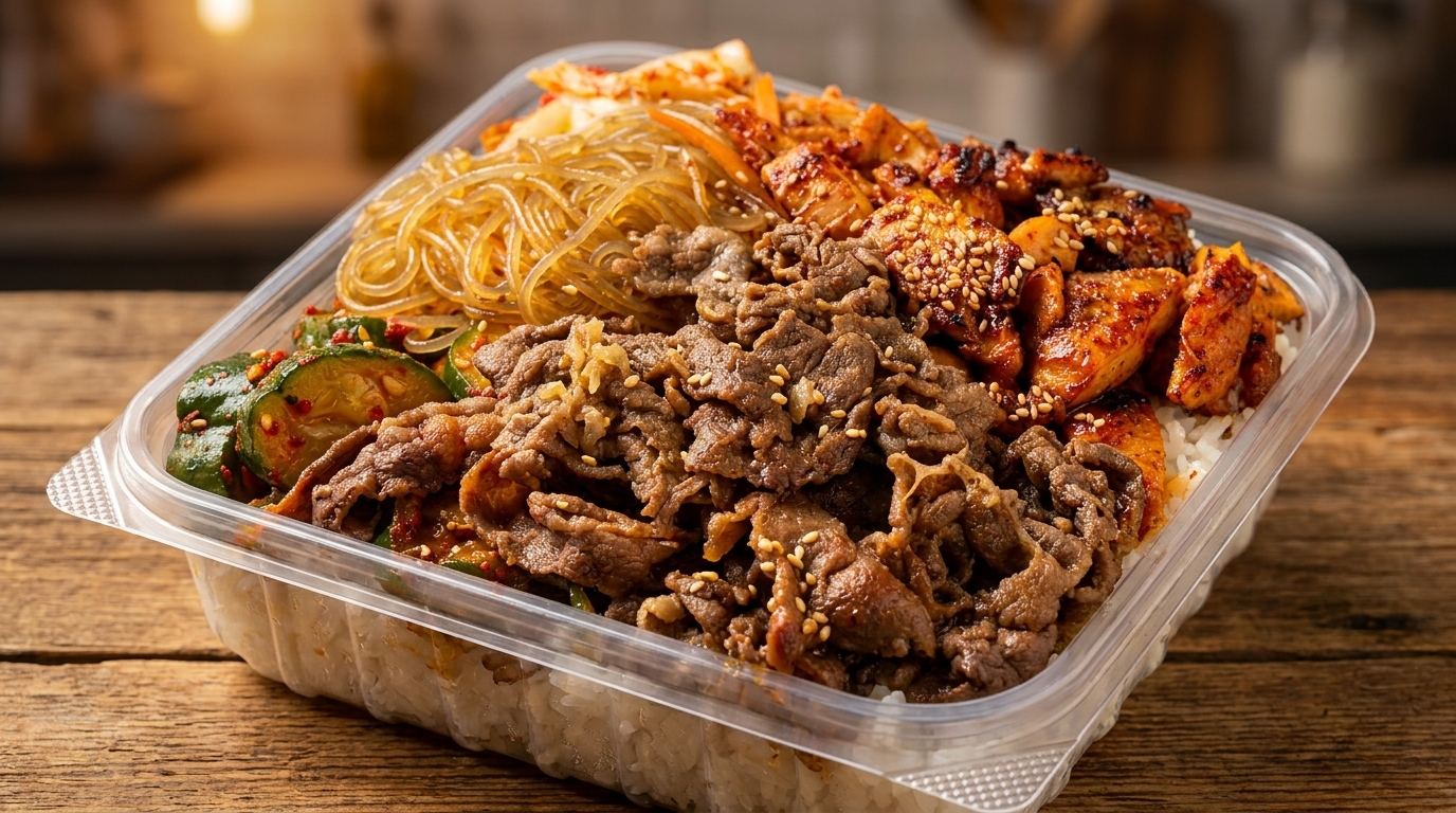 A plastic container filled with Korean BBQ beef, spicy chicken, kimchi, glass noodles, and cucumber salad over rice.