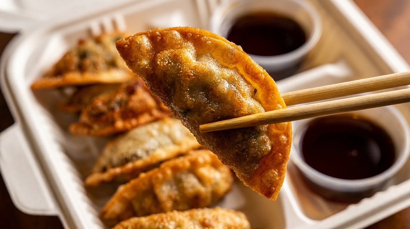 Chopsticks hold a golden-brown fried dumpling over a takeout container with more dumplings and dipping sauces.
