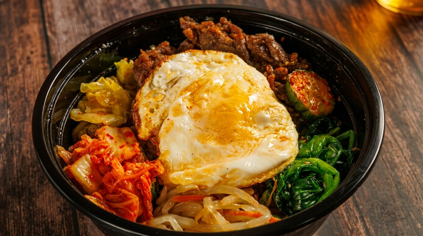 Bibimbap bowl with beef, fried egg, kimchi, spinach, and other vegetables on a wooden table.