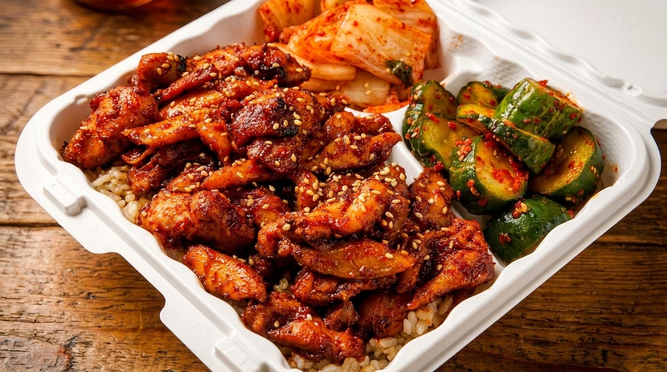 Spicy Korean chicken with rice, kimchi, and cucumber salad in a white takeout container.