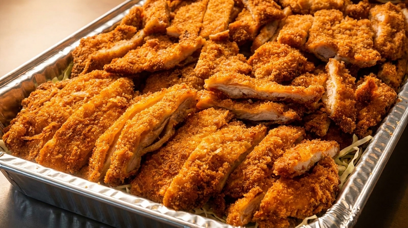 Crispy, golden-brown chicken katsu slices arranged in a foil tray, ready to serve.