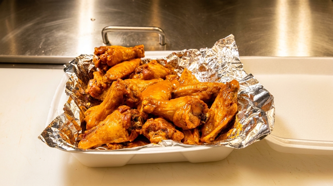A white styrofoam container filled with golden-brown chicken wings in a shiny foil lining.