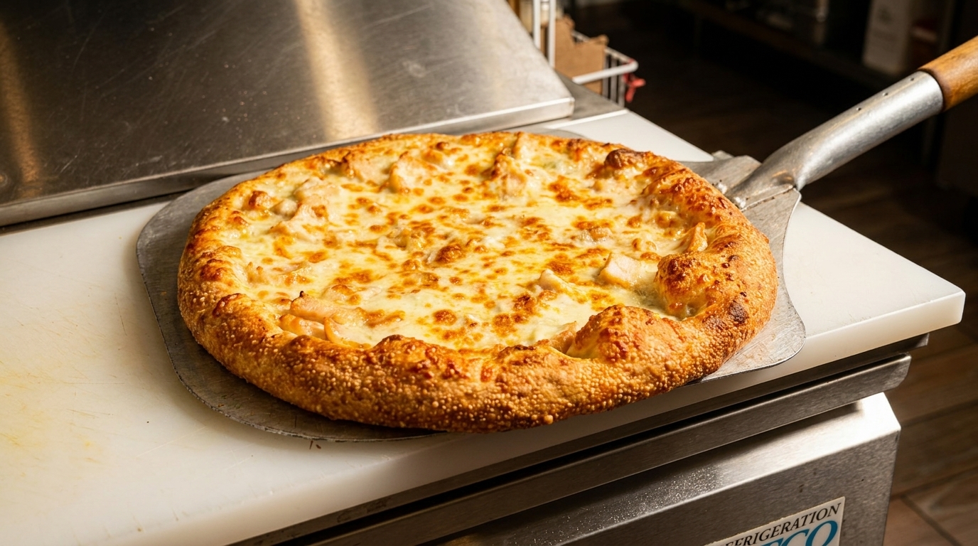 Freshly baked chicken and cheese pizza on a metal peel, ready to be served.