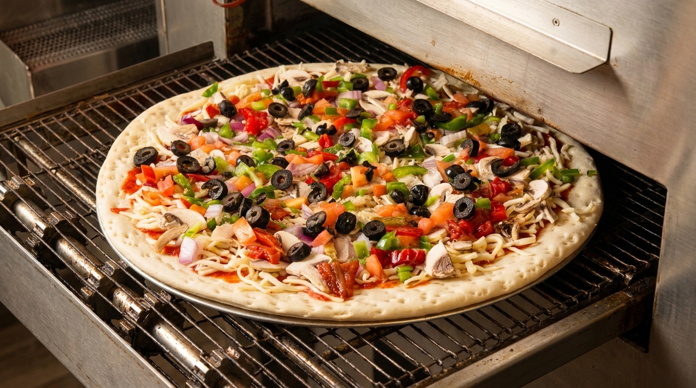 Uncooked pizza with colorful toppings, including olives, peppers, and mushrooms, entering a conveyor oven.