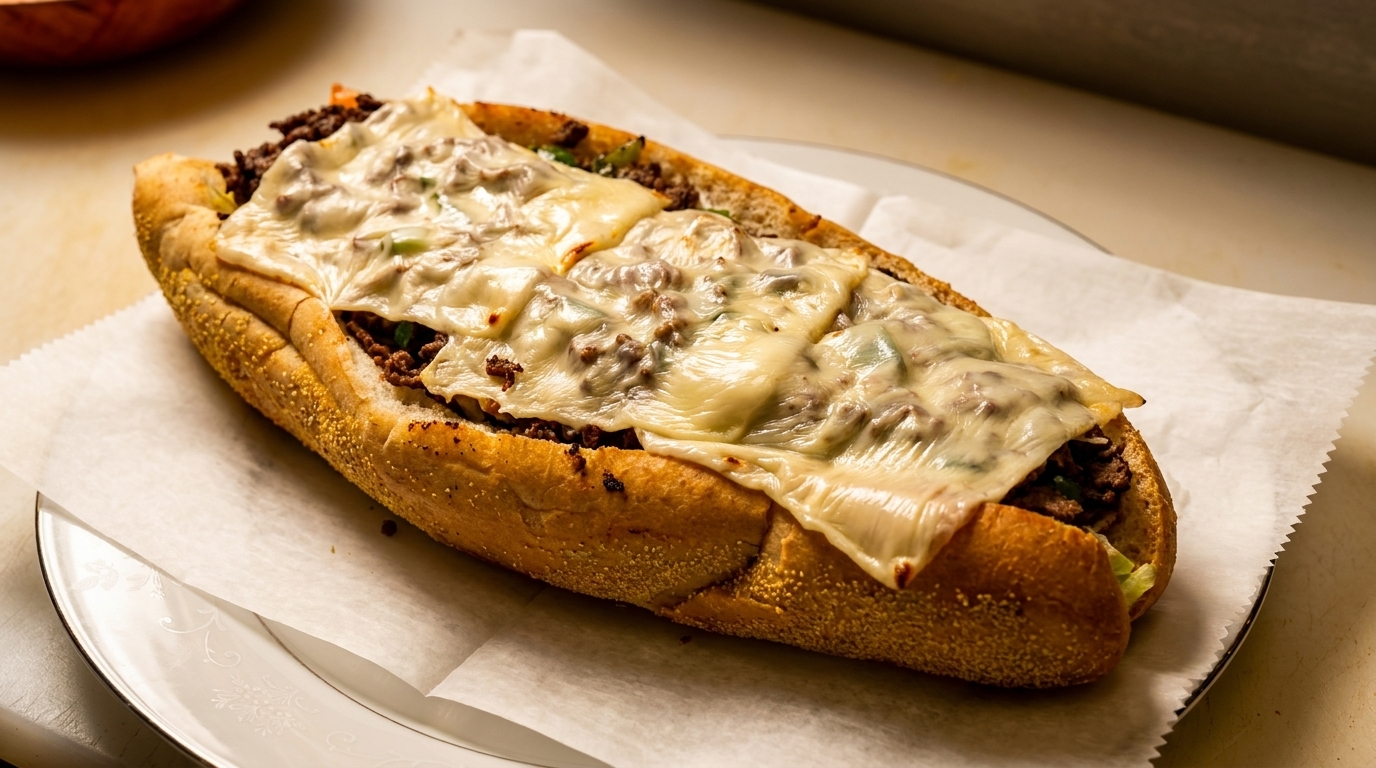 A delicious cheesesteak sandwich with melted cheese and meat on a white plate with parchment paper.