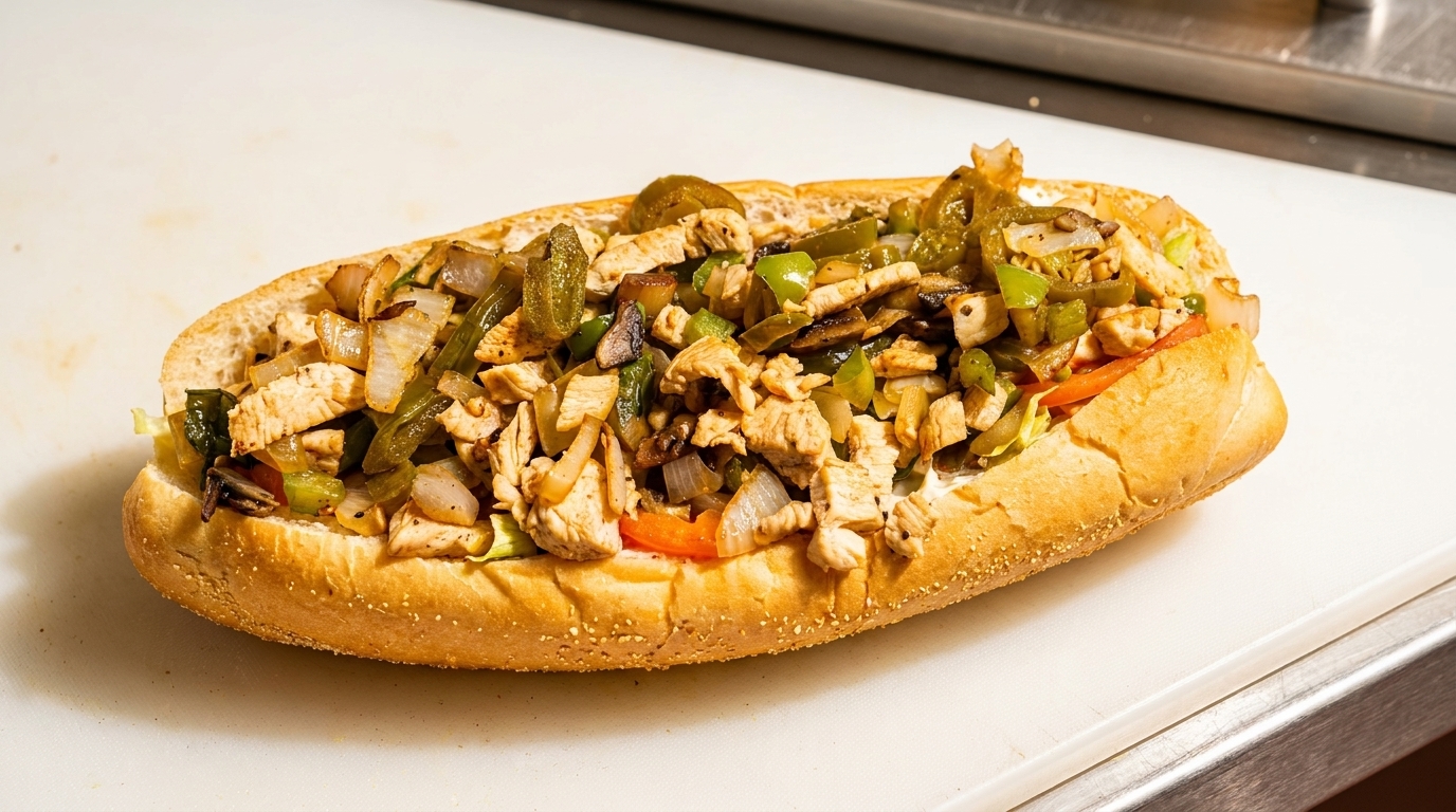 A chicken cheesesteak sandwich with grilled onions, peppers, and jalapeños on a white cutting board.