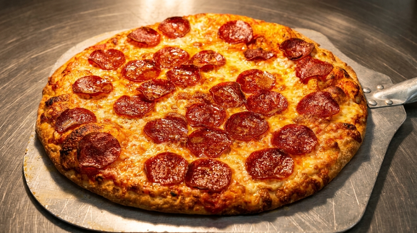 A freshly baked pepperoni pizza, golden brown and bubbling, on a metal pizza peel.