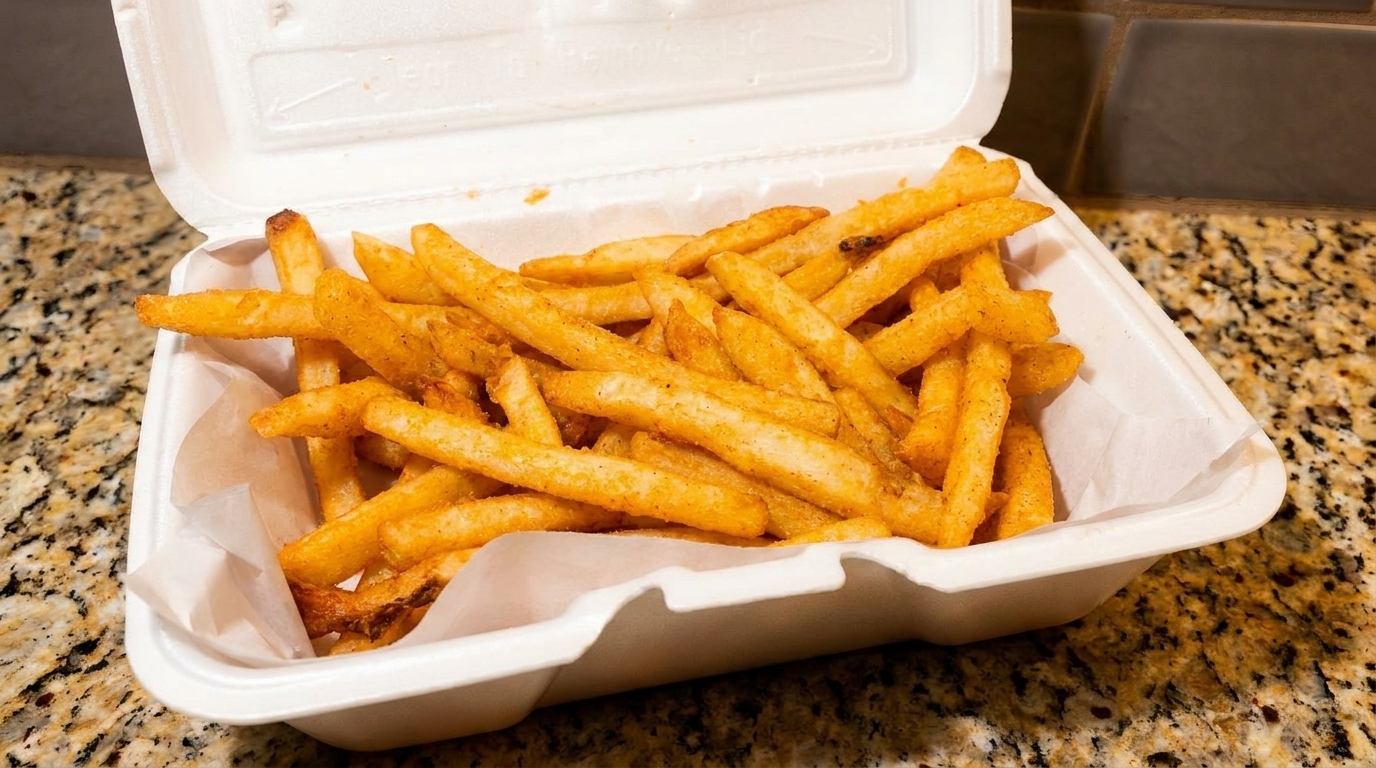 A white takeout container filled with golden-brown seasoned french fries, lined with white paper.