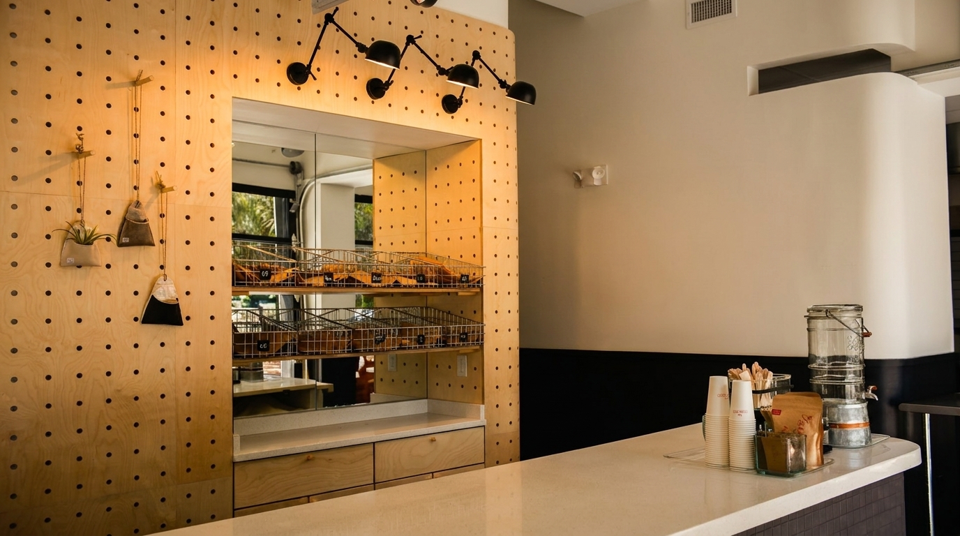 Modern cafe interior with a light wood pegboard wall, baked goods in baskets, and a white counter.