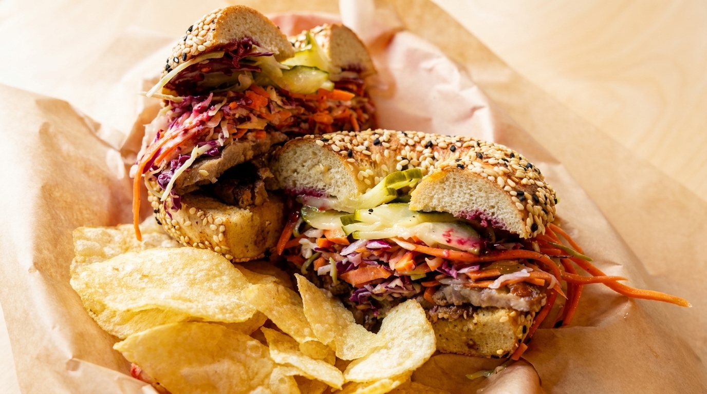 Two sesame bagels filled with meat, coleslaw, and pickles, served with potato chips.