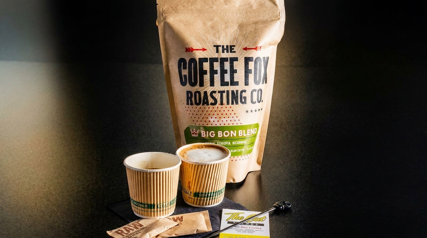 Coffee Fox Roasting Co. Big Bon Blend bag with two coffee cups and sugar packets.