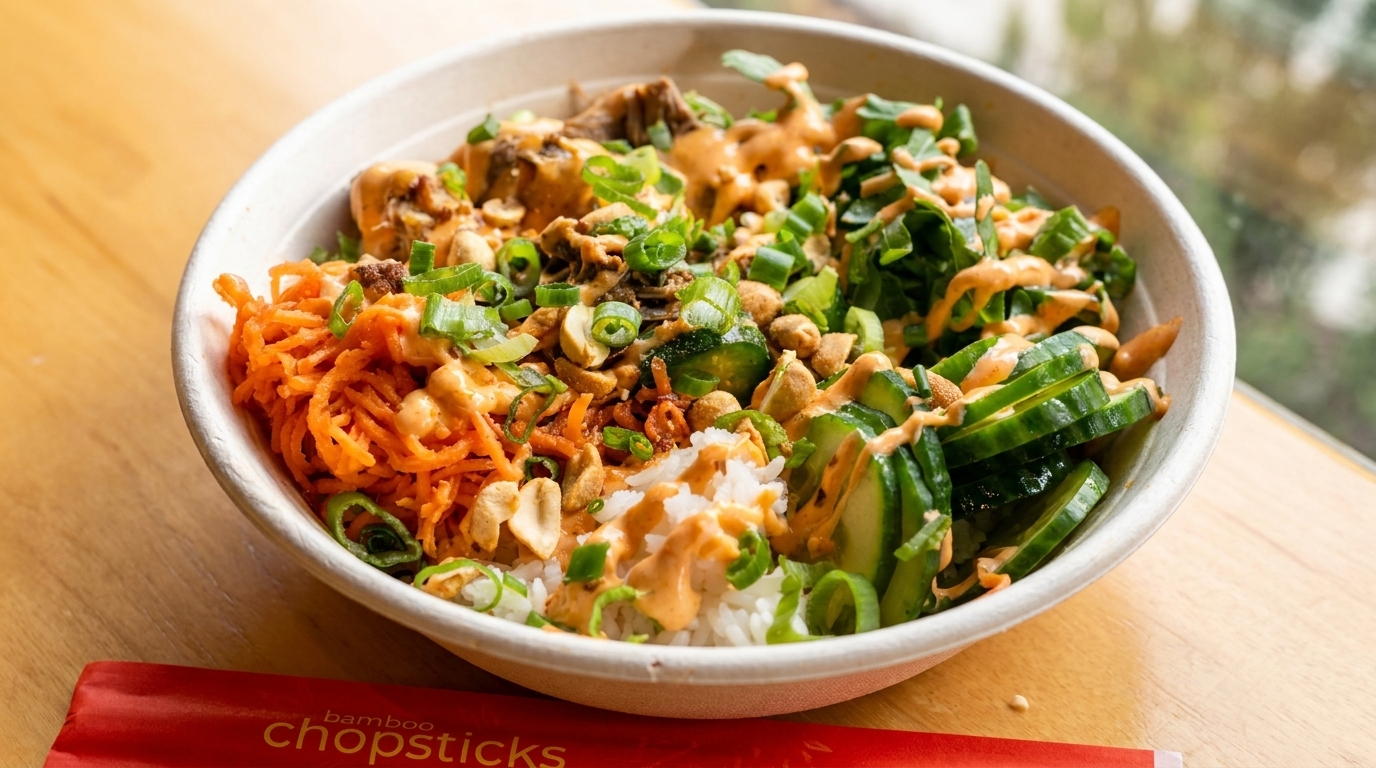 A colorful bowl of rice, chicken, carrots, cucumbers, and greens, drizzled with sauce.