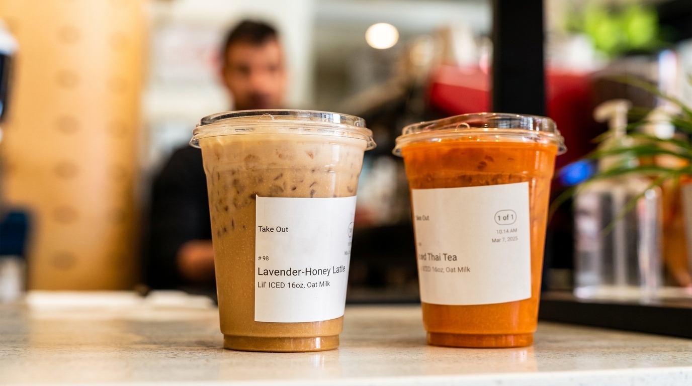 Two take-out drinks, a lavender-honey latte and Thai tea, on a counter with a person in the background.