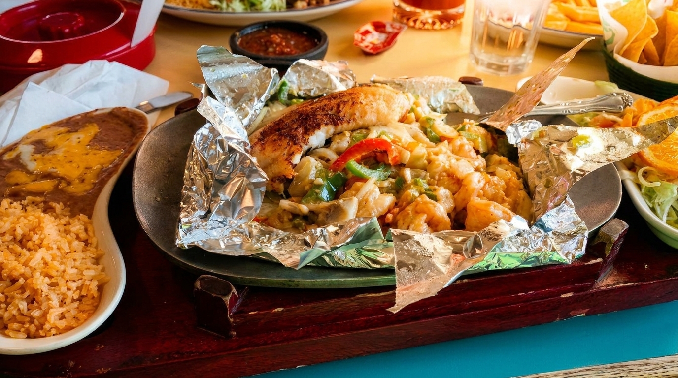 Sizzling fajitas with chicken, shrimp, peppers, and onions, served with rice and refried beans.