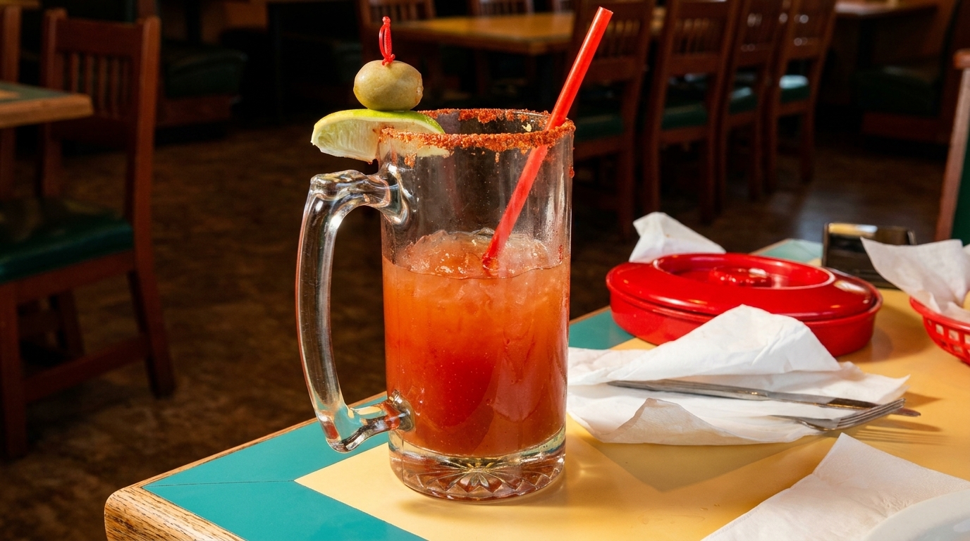A Michelada cocktail with a lime, olive, and chili-salted rim sits on a restaurant table.