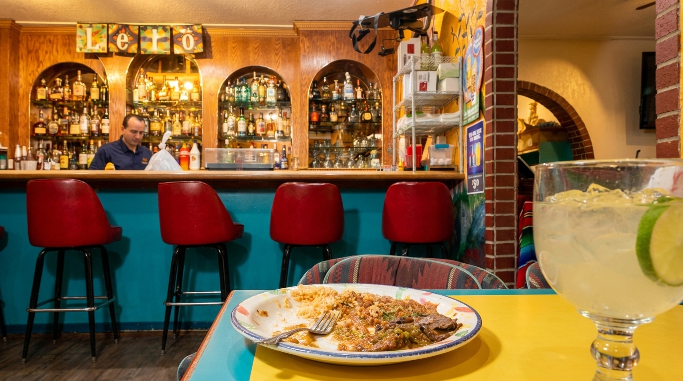 A partially eaten meal and margarita on a yellow table, with a bartender and bar in the background.
