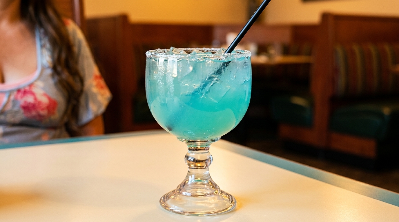 A blue margarita with a salted rim and straw sits on a table in a restaurant booth.