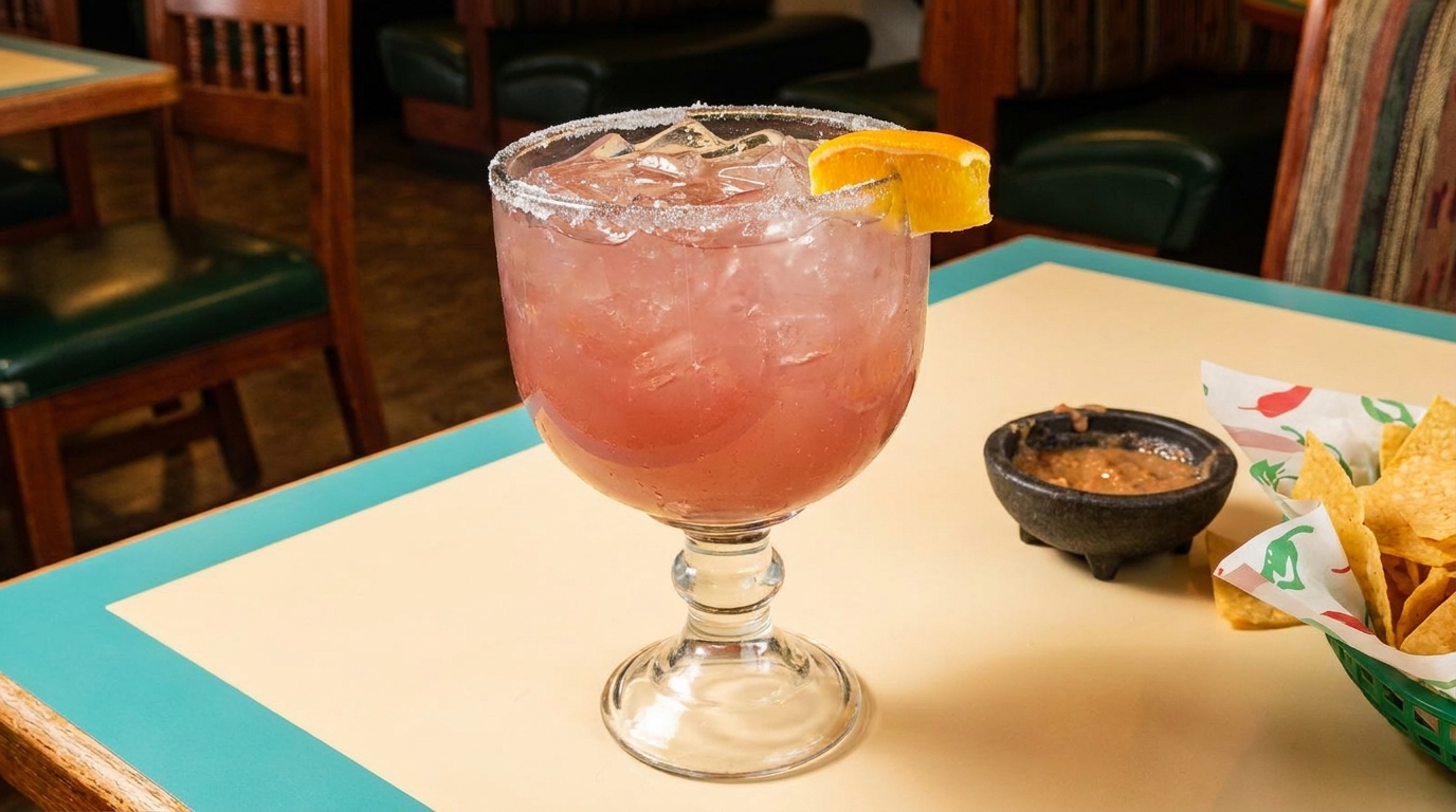 Pink margarita with orange slice, chips, and salsa on a table in a restaurant.