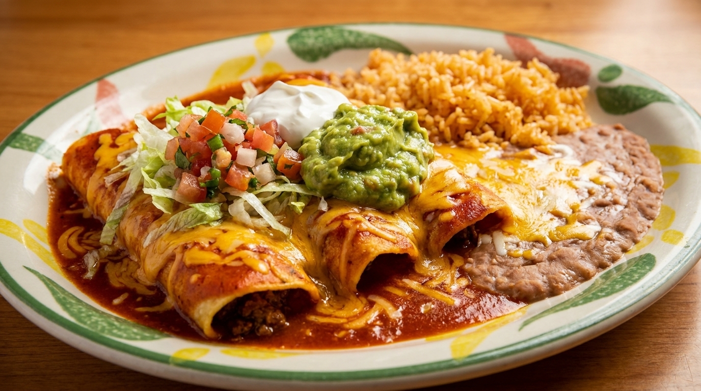 Three cheesy enchiladas with rice, refried beans, guacamole, sour cream, and pico de gallo.