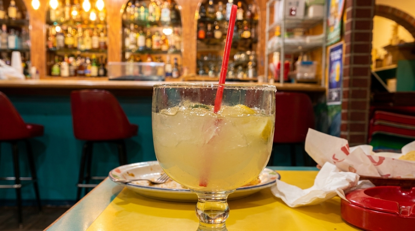 A margarita with a red straw and lime sits on a yellow table in a vibrant Mexican restaurant.