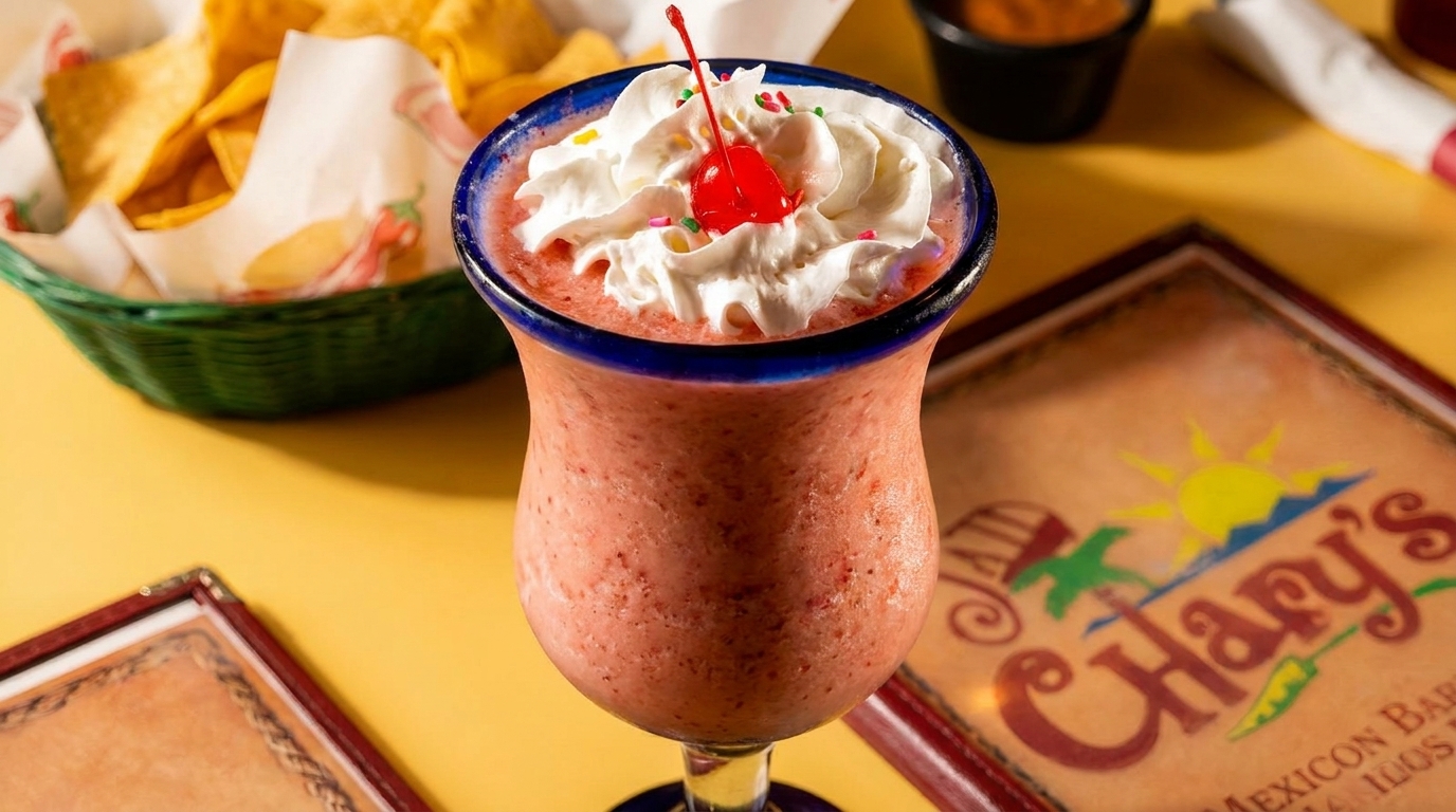 Strawberry margarita with whipped cream and a cherry, next to a basket of tortilla chips.