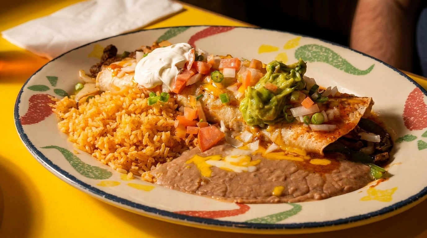 A colorful plate with a burrito topped with guacamole, sour cream, and pico de gallo, alongside rice and refried beans.