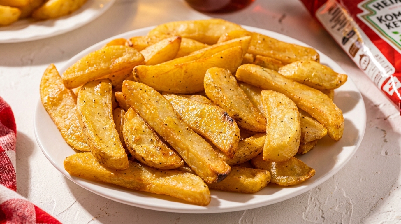 A white plate filled with golden-brown potato wedges, seasoned with pepper, next to a Heinz ketchup bottle.