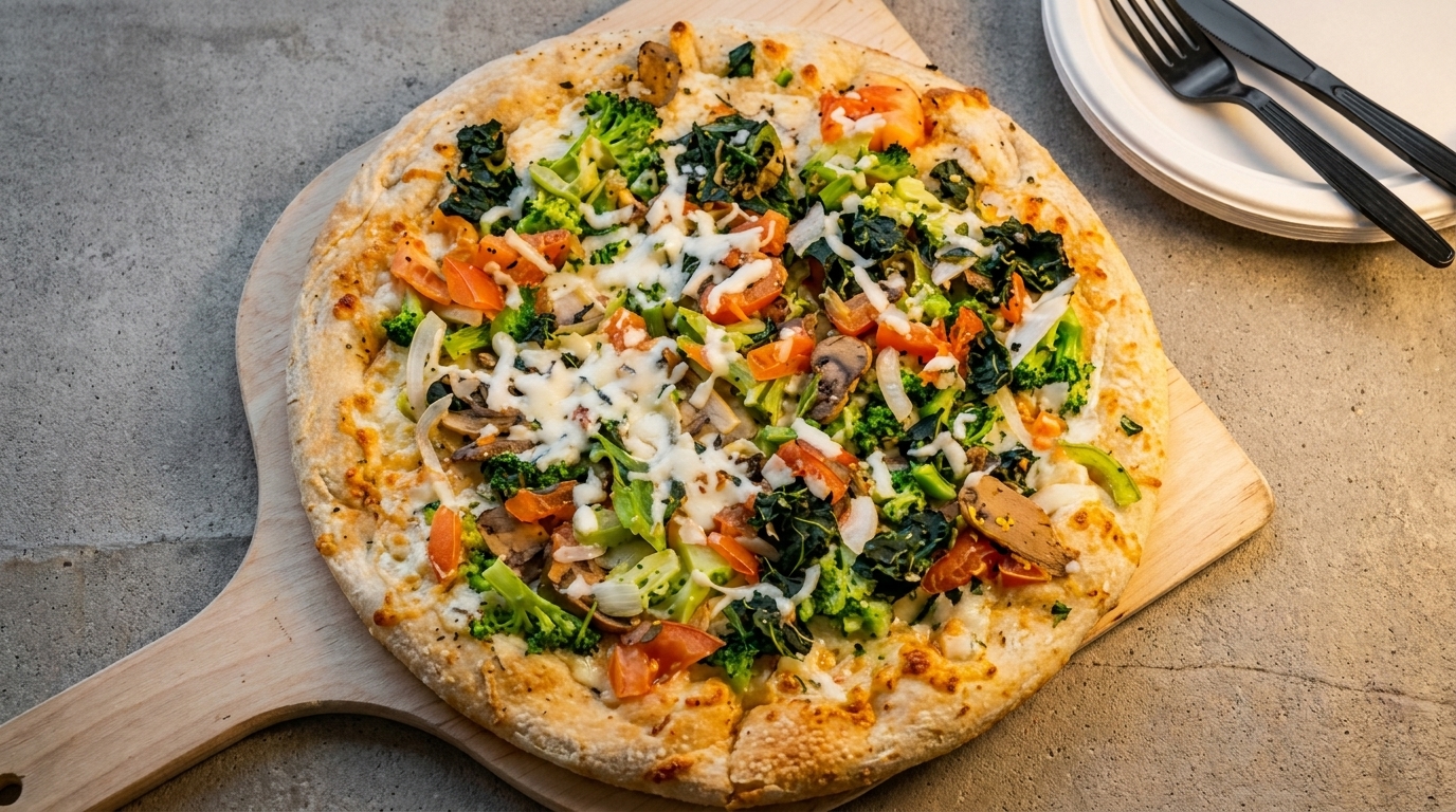A freshly baked vegan pizza with broccoli, tomatoes, mushrooms, and onions on a wooden peel.