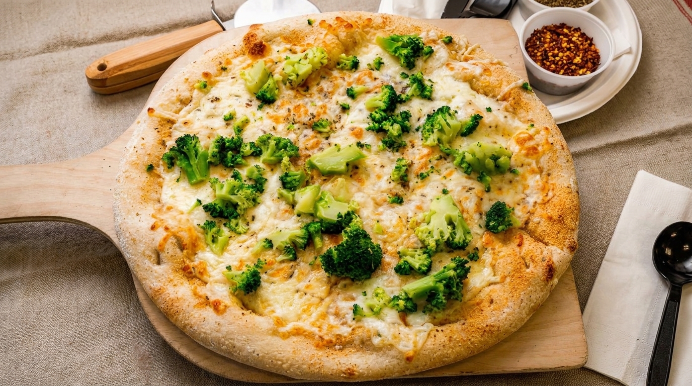 Broccoli and cheese pizza on a wooden peel, with red pepper flakes and oregano nearby.