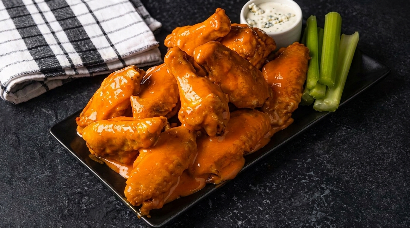 Plate of buffalo chicken wings with celery sticks and blue cheese dipping sauce.