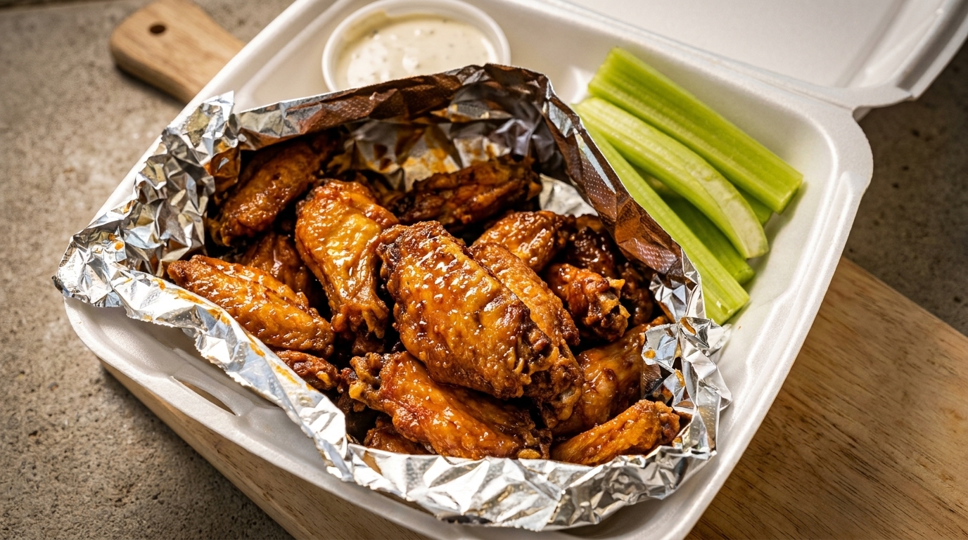 Glossy chicken wings in a foil-lined takeout container with celery sticks and ranch dressing.