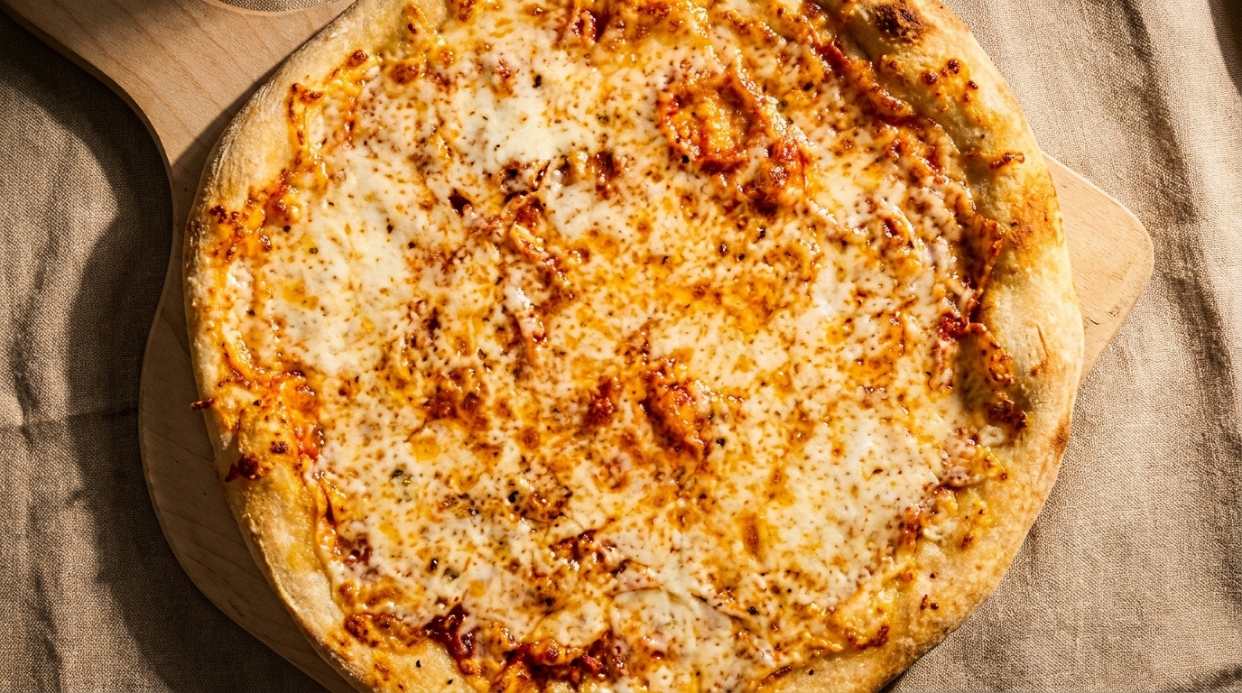 A freshly baked cheese pizza with a golden crust sits on a wooden peel.