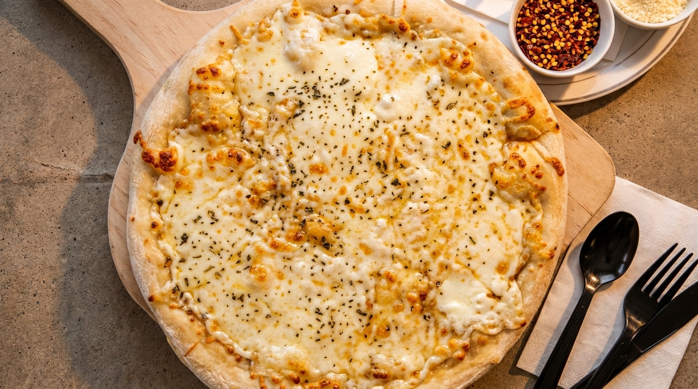 A freshly baked cheese pizza with herbs on a wooden peel, with red pepper flakes and parmesan.