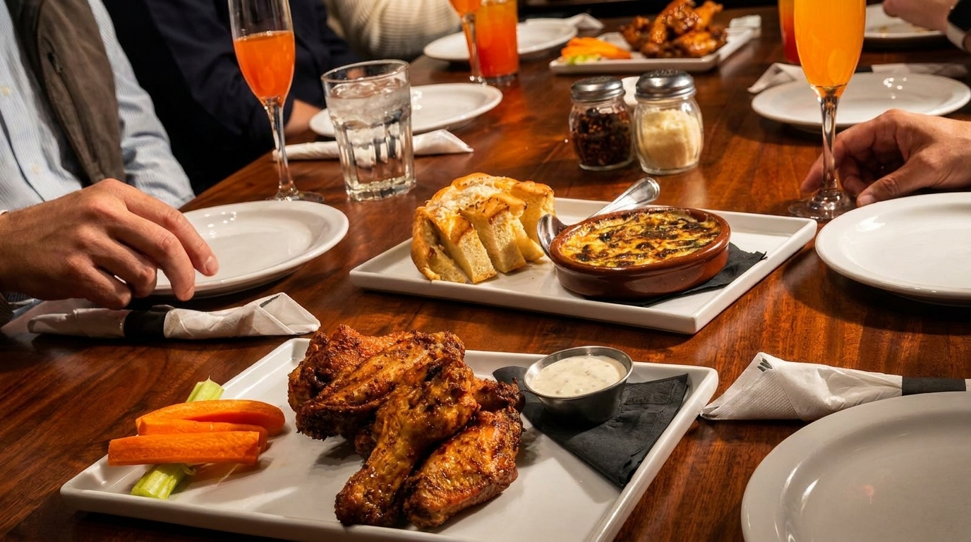 A table laden with appetizers, including chicken wings, dip, bread, and a casserole, with people dining.