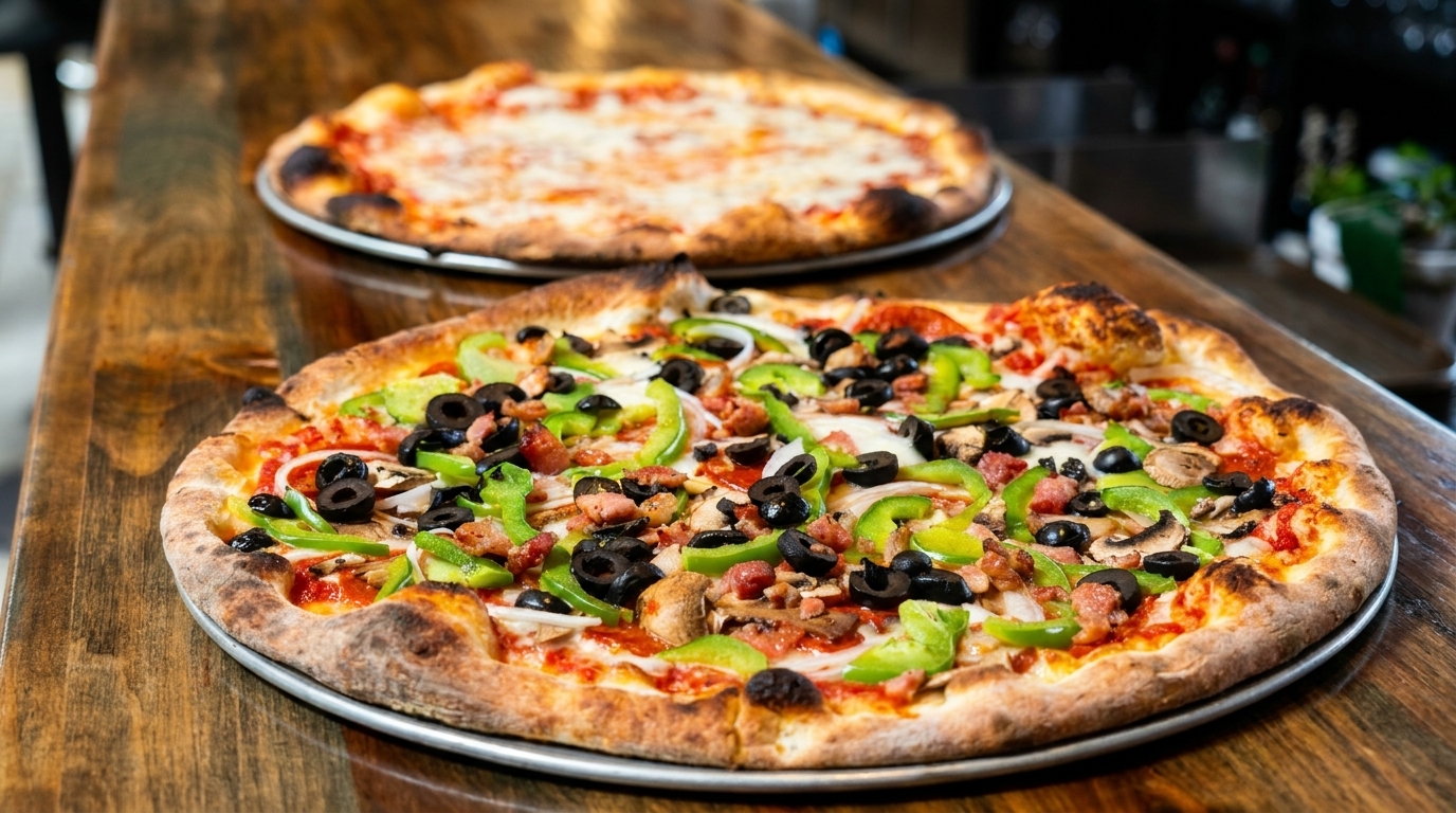 Two pizzas on a wooden table, one with vegetables and the other plain cheese.