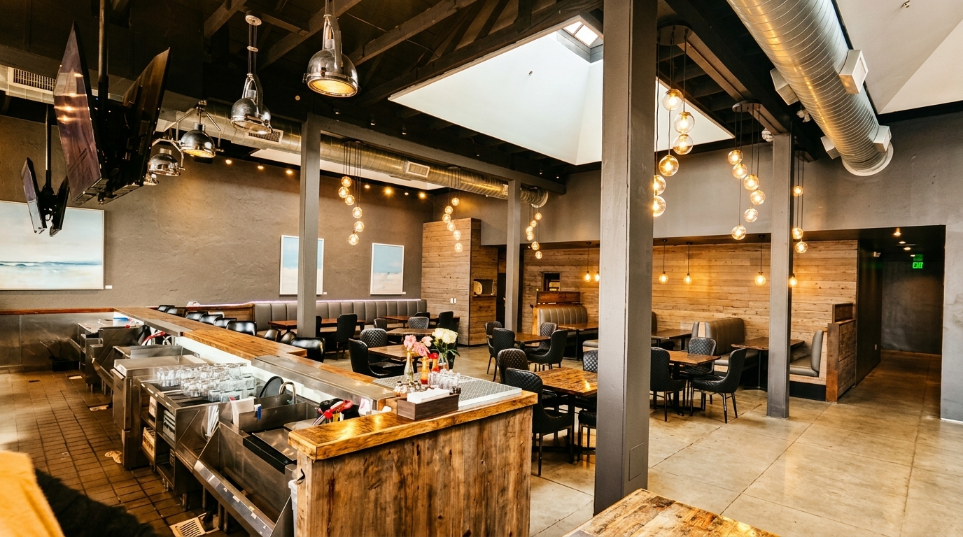 Spacious restaurant interior with a long bar, dining tables, booths, and modern industrial lighting.