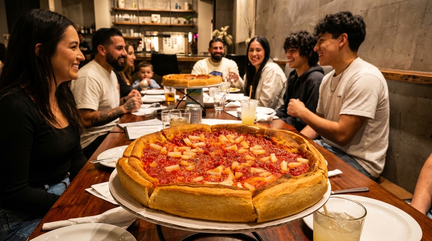 A family and friends gather around a table with two deep-dish pizzas, laughing and enjoying their meal.