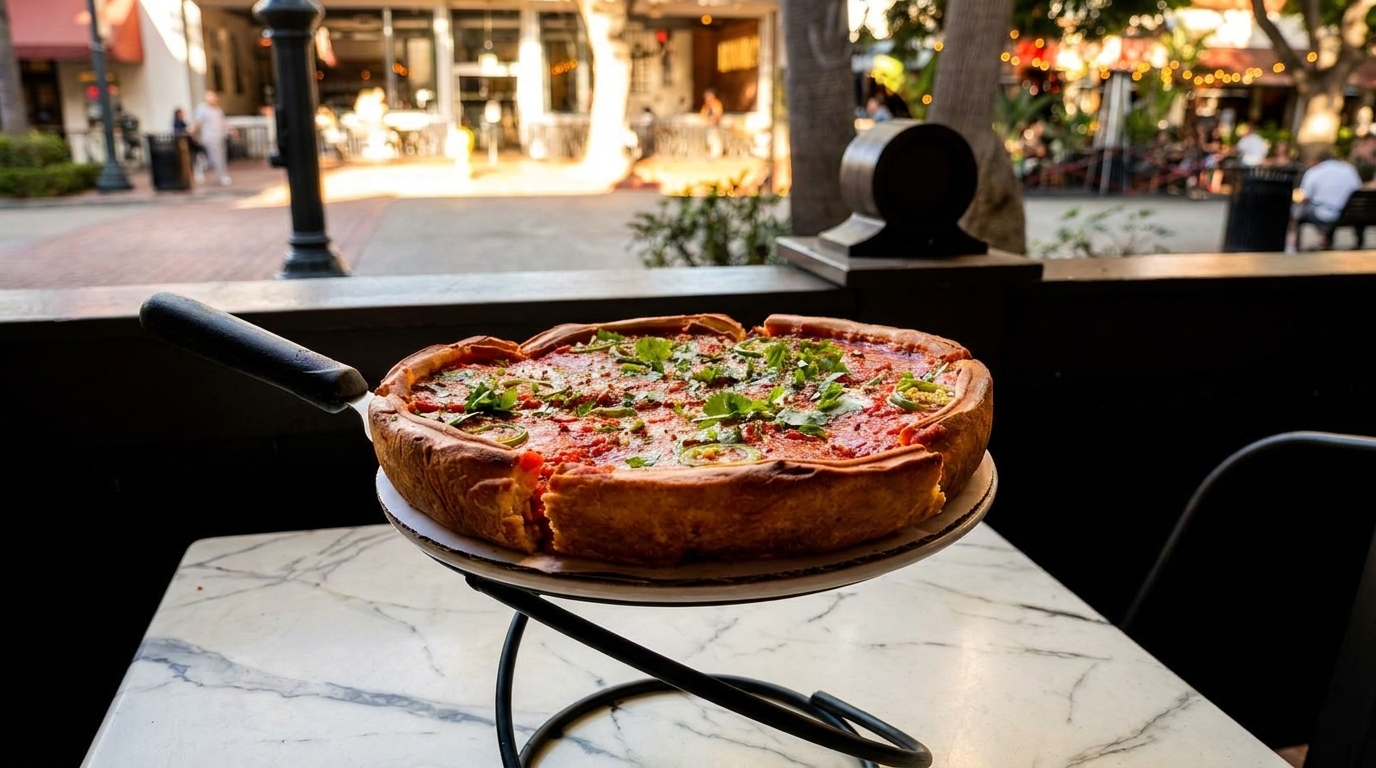 Deep dish pizza with red sauce, green peppers, and cilantro on a stand, with an outdoor patio in the background.