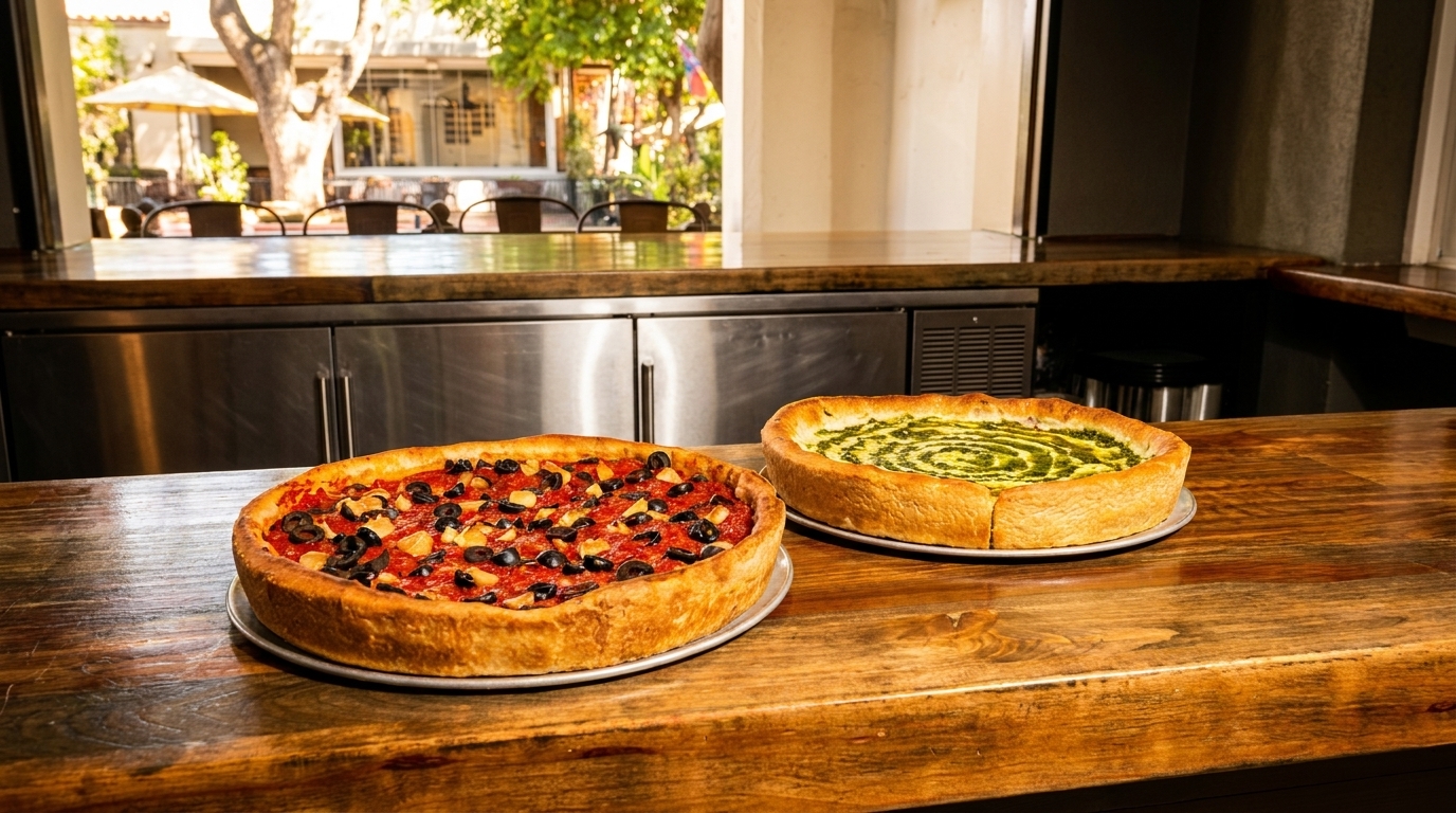 Two deep-dish pizzas, one red with olives and one green, on a wooden counter with an outdoor patio in the background.