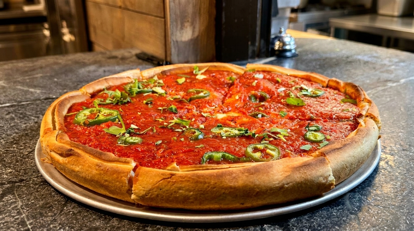 Deep dish pizza with rich red sauce, green jalapeños, and fresh herbs on a dark countertop.