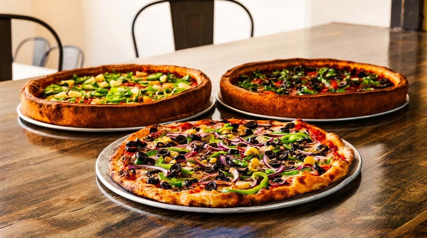 Three pizzas on a wooden table, two deep-dish and one thin-crust, topped with vegetables.