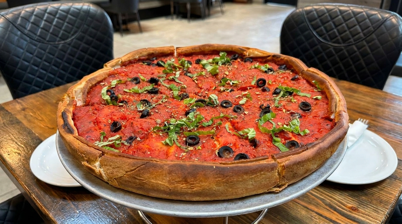 A deep-dish pizza with rich red sauce, black olives, and fresh basil on a wooden table.