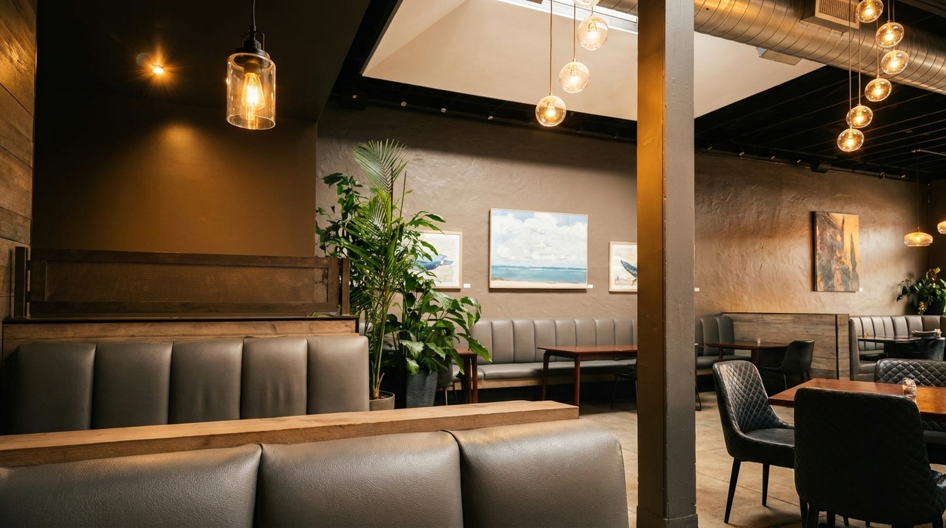 Cozy restaurant interior with booth seating, hanging lights, potted plants, and framed artwork on the walls.