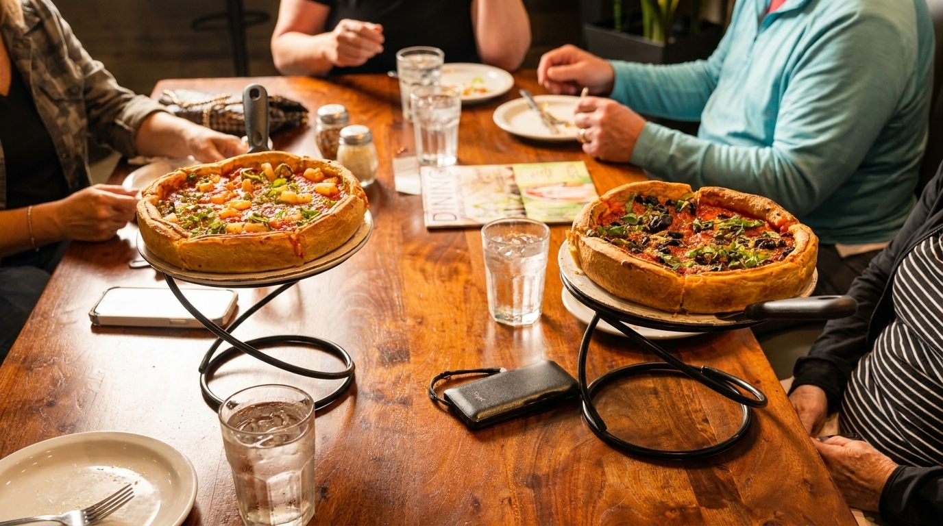 Two deep-dish pizzas on stands, drinks, and diners' hands around a wooden table.