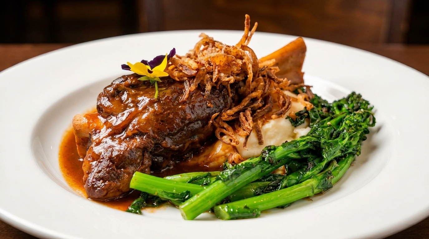 Braised lamb shank with mashed potatoes, broccolini, crispy onions, and a purple and yellow edible flower.