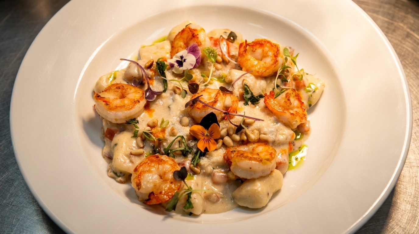 Gnocchi with grilled shrimp, creamy sauce, pine nuts, and edible flowers on a white plate.