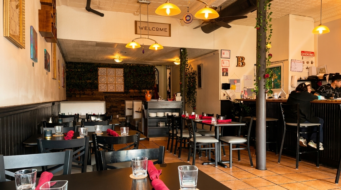 Cozy restaurant interior with black tables, red napkins, and a bar area with two patrons.