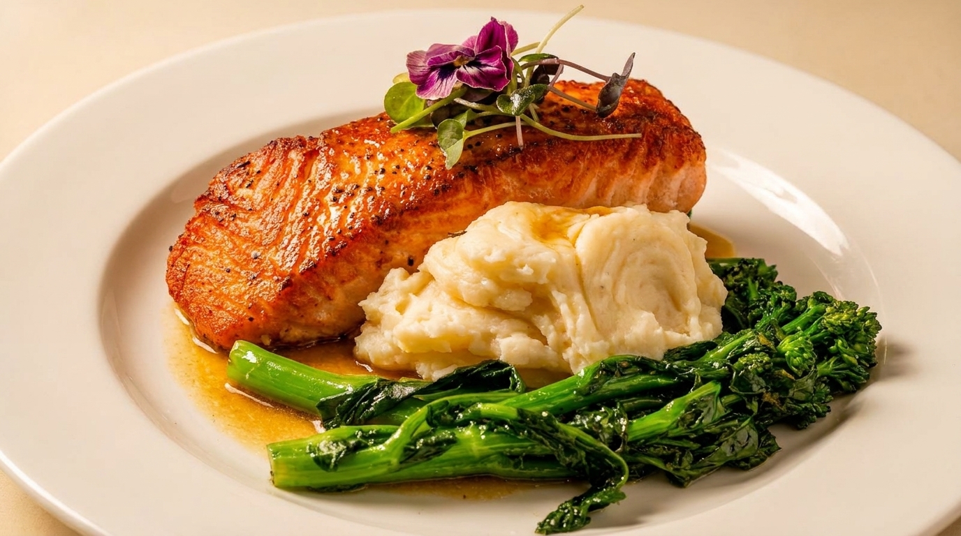 Pan-seared salmon with mashed potatoes, broccolini, and a purple edible flower garnish on a white plate.